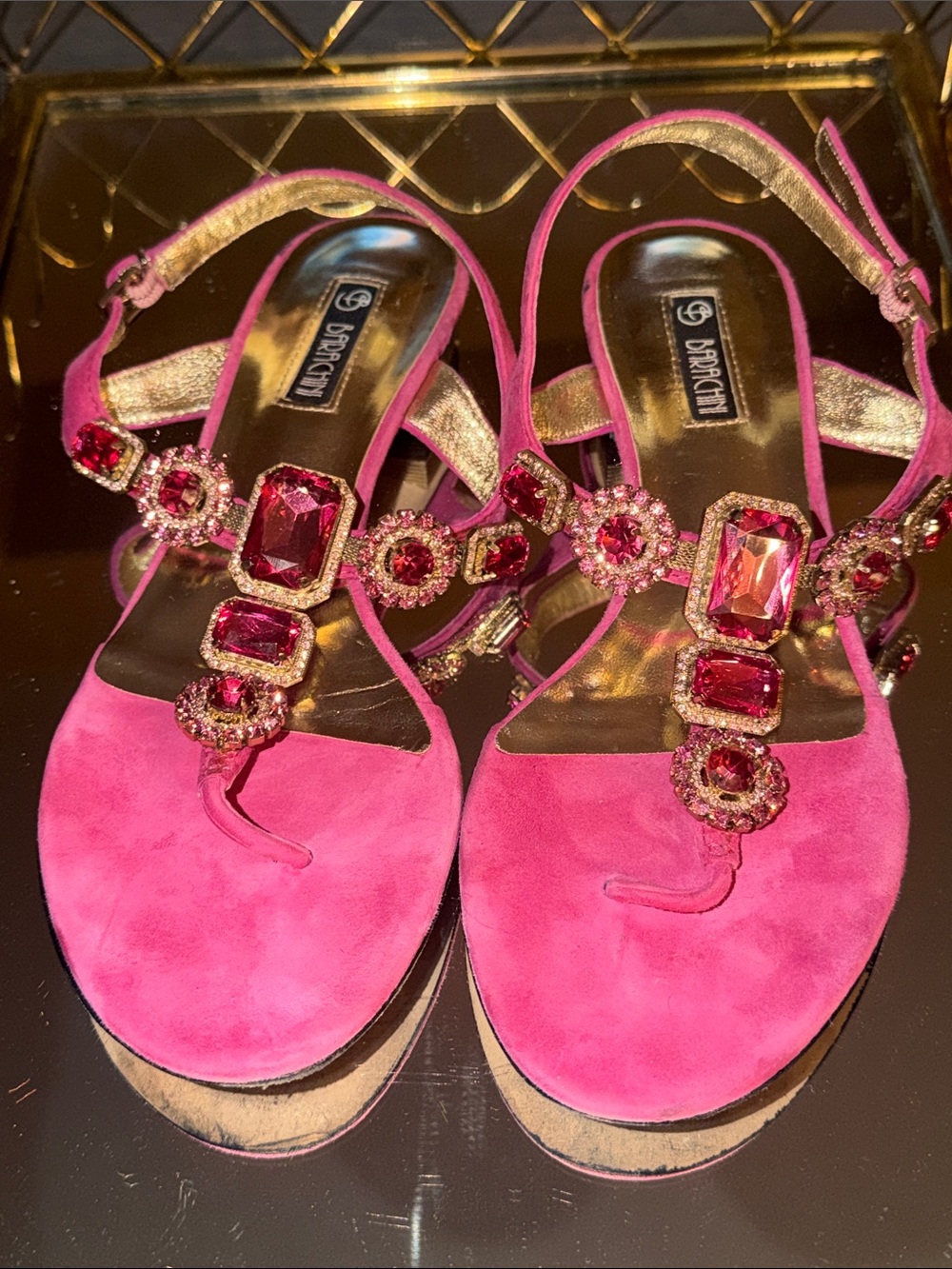 Bright Pink Jeweled Suede T-Strap Sandals